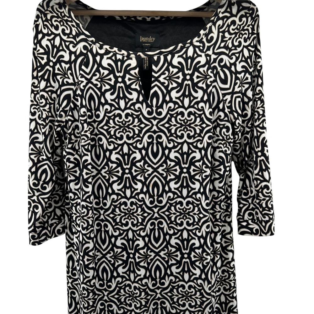 Laundry by Shelli Segal Black‎ White Damask Print 3/4 Sleeve Dress Size Small